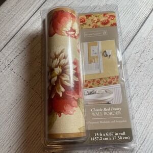 HomeTrends Classic Red Peony Wall Border Prepasted Floral 15ft x 6.87in